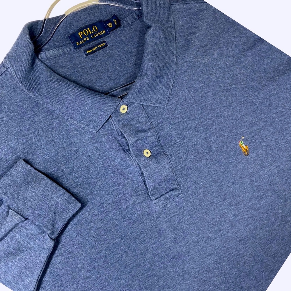 Polo Ralph Lauren 3XB Mens Blue Pima Soft Touch Long Sleeve Polo Shirt Heathered